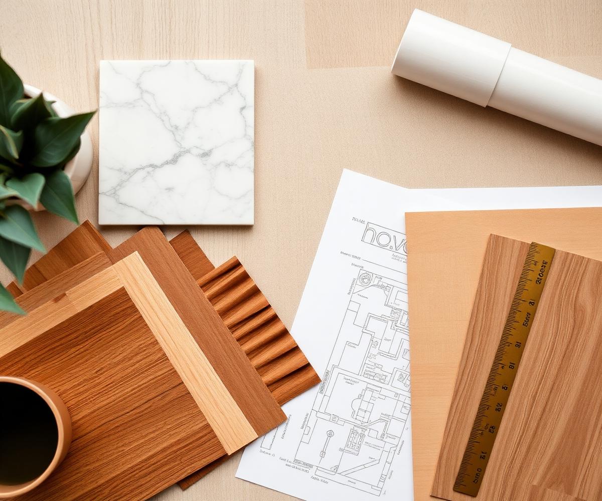 Sampel material interior: marmer, kayu, dan gambar kerja